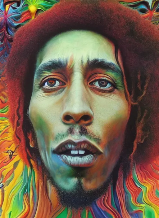 Image similar to colour masterpiece surreal closeup portrait photography of bob marley by miho hirano and annie leibovitz and michael cheval, weird surreal epic psychedelic complex biomorphic 3 d fractal landscape in background by kilian eng and roger dean and salvador dali and beksinski, 8 k