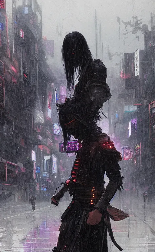 Image similar to cyberpunk samurai in rain, crowd, raven, arcane, by fortiche, by greg rutkowski, esuthio, craig mullins, wlop