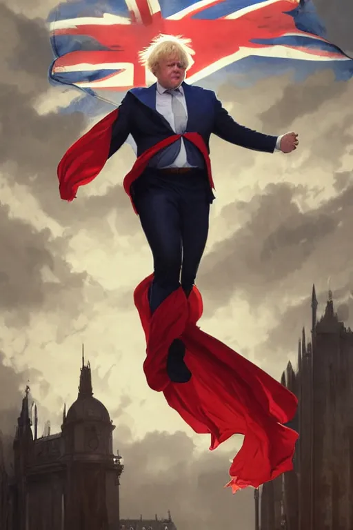 Image similar to Boris Johnson as a superhero with Union Jack flag, portrait, highly detailed, digital painting, artstation, concept art, smooth, sharp focus, soft volumetric lights, illustration, cinematic lighting, art by artgerm and greg rutkowski and alphonse mucha