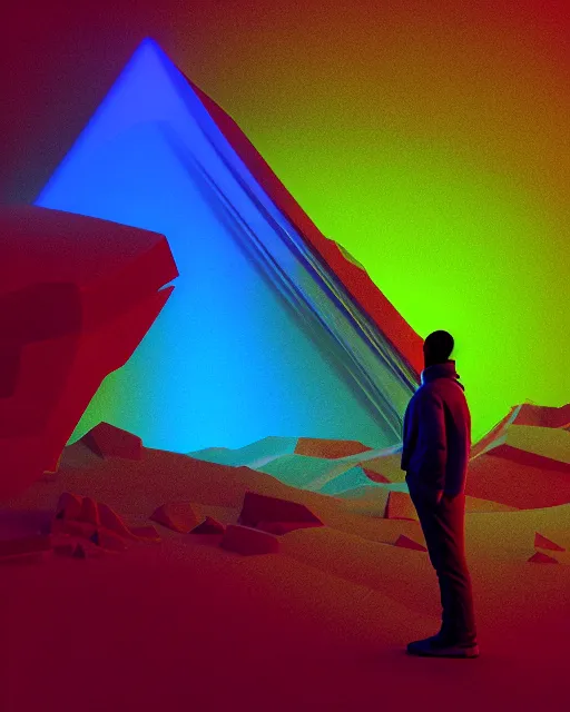 Image similar to a man standing in the middle of a mountain with a glowy neon triangle, a render by filip hodas, behance contest winner, environmental art, rendered in cinema 4 d, volumetric lighting