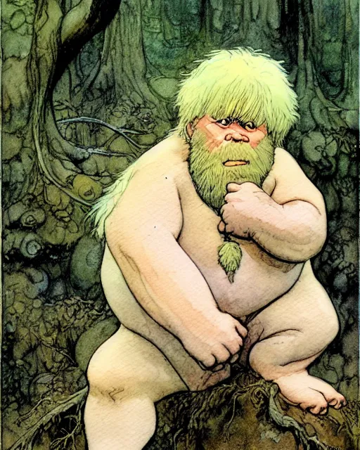 Prompt: a realistic and atmospheric watercolour fantasy character concept art portrait of a short fat chibi albino bigfoot in the forest. by rebecca guay, michael kaluta, charles vess and jean moebius giraud