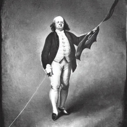 Image similar to color photograph of benjamin franklin riding on a kite