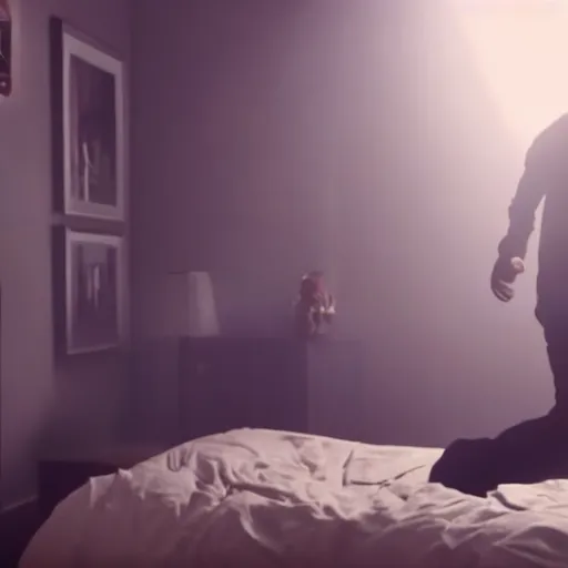 Image similar to A gangly humanoid monster running towards a person sleeping in a bed, Horror Movie Trailer Screenshot, Jump Scare, Cinematic Lighting, Oscar Winner