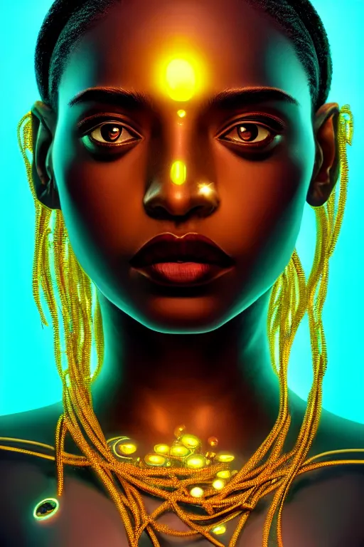 Image similar to hyperrealistic cybernetic cinematic bioluminescent very expressive! oshun goddess whole body underwater, gold jewerly, highly detailed face, digital art masterpiece, smooth eric zener cam de leon, dramatic pearlescent turquoise light on one side, low angle uhd 8 k, shallow depth of field