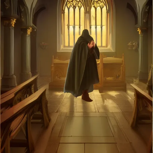 Image similar to epic portrait an hooded man praying in a church during a battlefield, digital painting, artstation, concept art, soft light, hdri, smooth, sharp focus, illustration, fantasy, intricate, elegant, highly detailed, D&D, matte painting, in the style of Greg Rutkowski and Alphonse Mucha and artemisia, 8k, highly detailed, jurgens, rutkowski, bouguereau, pastoral, rustic, georgic, detailed concept art, illustration, colorful pastel, painting, detail, ultra detailed, digital art, 4K,