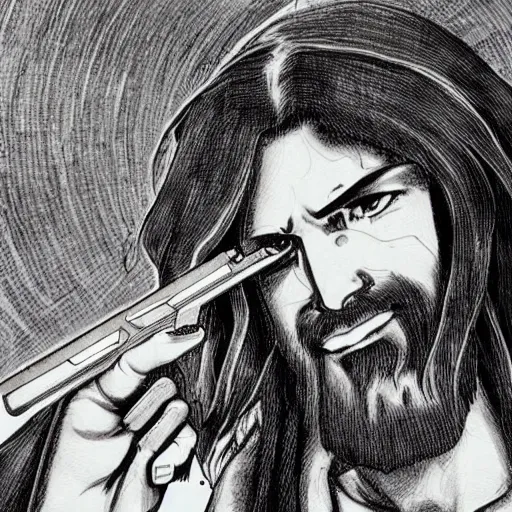 Prompt: jesus in an anime style between heaven and hell holding a gun with scratches on there face, highly detailed -4