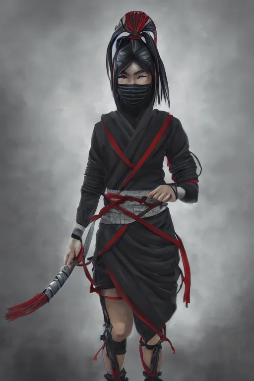 Image similar to native japanese young woman dressed like shinobi ninja, focused stare, partially masked, highly detailed, photorealistic render, digital painting, trending on artstation, character design, overcast weather