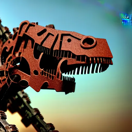 Image similar to a t-rex made out of rusty gears and wires showing life signs, photorealistic, bokeh, octane render, coherent