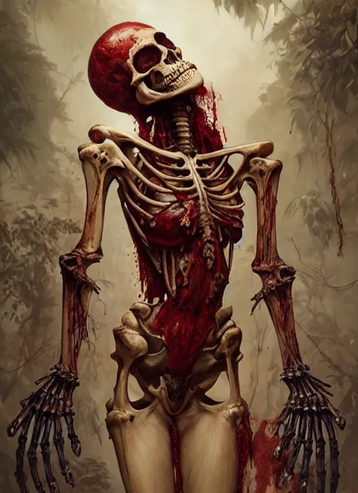 Image similar to human skeleton covered with blood, ultra realistic, concept art, intricate details, highly detailed, photorealistic, octane render, 8 k, unreal engine. art by artgerm and greg rutkowski and alphonse mucha