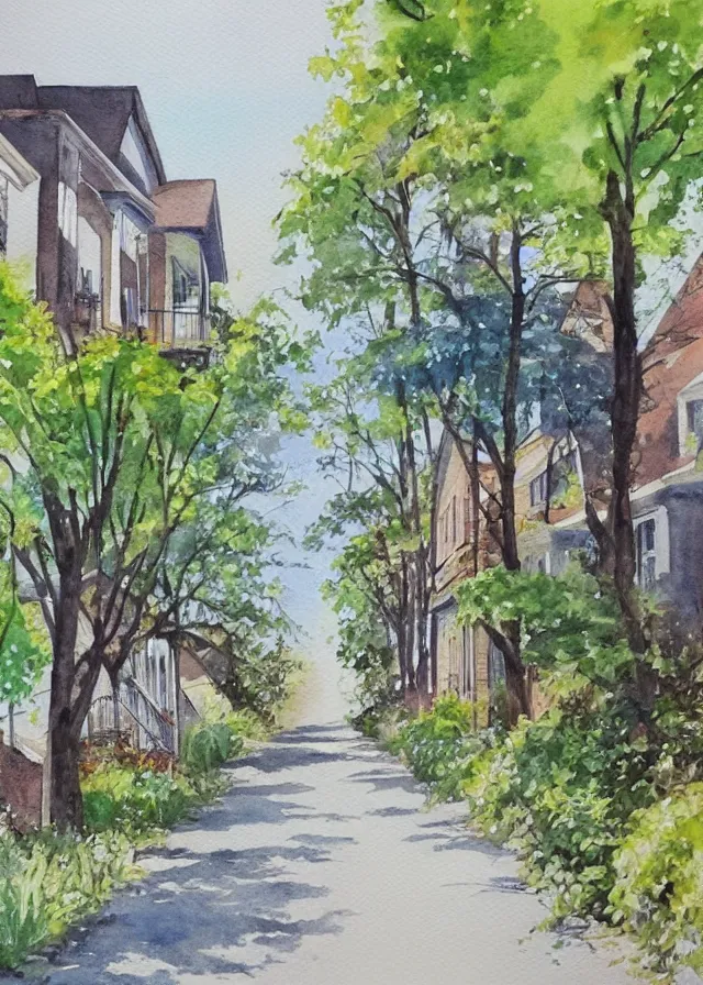 Image similar to street lined with old residential houses summer watercolor by arti chauhan trending on artstation