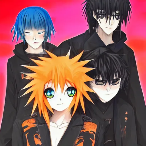 Image similar to orange - haired anime boy, 1 7 - year - old anime boy with wild spiky hair + 1 7 - year - old pale - skinned persian girl with black hair long bob cut, long bangs, black gothic jacket, ultra - realistic, sharp details, subsurface scattering, blue sunshine, intricate details, hd anime, 2 0 1 9 anime