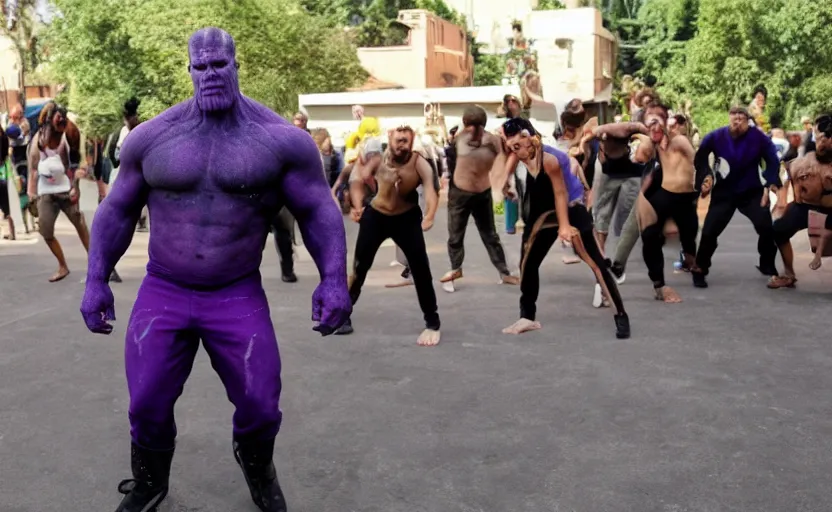 Image similar to thanos in a dance battle