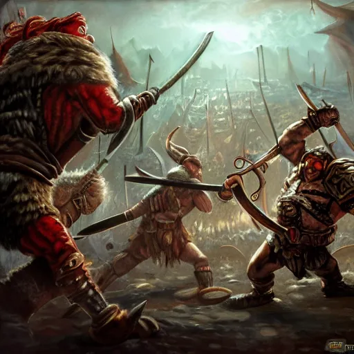 Image similar to a detailed fantasy painting of a berserker dwarf swinging axes fighting scaven rats from vermintide 2 videogame, warhammer, artstation, 8,