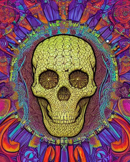 Image similar to Carved alien skull art surrounded by varities of corn, cell shading, voronoi, fibonacci sequence, sacred geometry by Alphonse Mucha, Moebius, hiroshi yoshida, Art Nouveau, colorful, ultradetailed, vivid colour, 3d