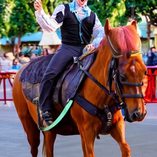 Image similar to andy samberg riding a horse in disneyland super realistic photo