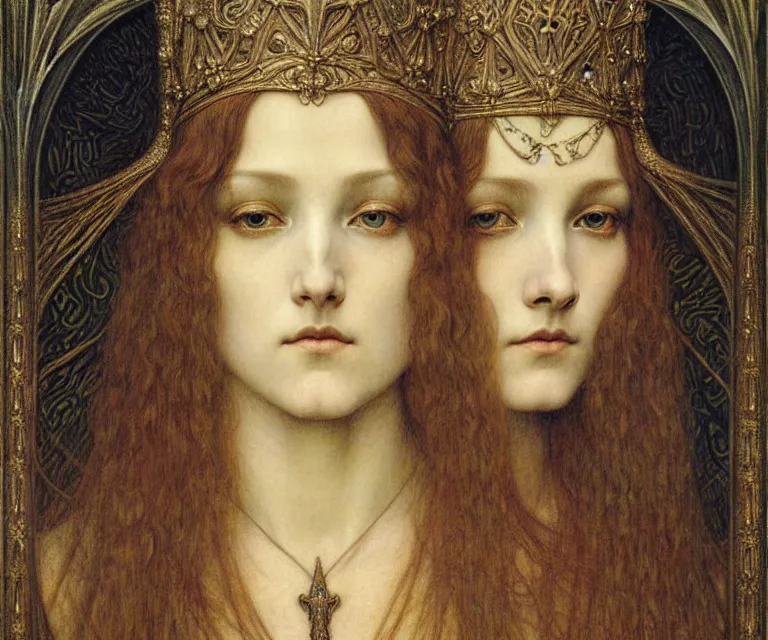 Image similar to detailed realistic beautiful young medieval queen face portrait by jean delville, gustave dore and marco mazzoni, art nouveau, symbolist, visionary, gothic, pre - raphaelite. horizontal symmetry