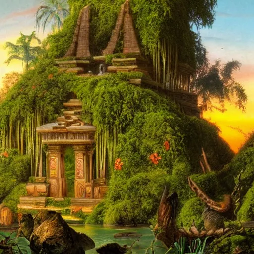 Image similar to a jungle temple surrounded by moss and tropical flowers, with a sunset, by alex horley
