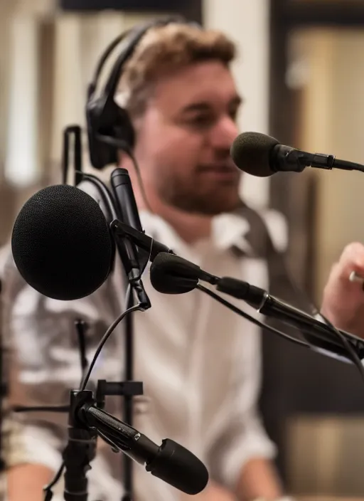 Image similar to photograph of aquinas recording a podcast wearing headphones 8k UHD detailed 85mm CANON EOS