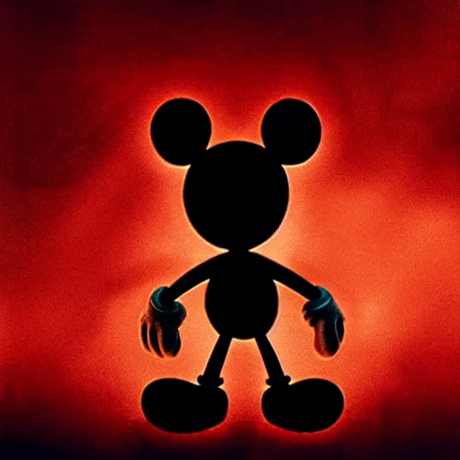 Prompt: Mickey Mouse as a demon, photorealistic, film still, desolate, terrifying, weird, strange, odd, uncanny, horrifying, horrific, spine-chilling, sinister, menacing, ominous, threatening