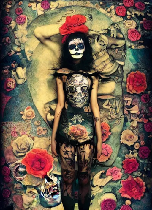 Image similar to cute punk goth fashion fractal Día de los Muertos tattoed girl posing by Zhang Jingna, surreal Dada collage by Man Ray Kurt Schwitters Hannah Höch Alphonse Mucha