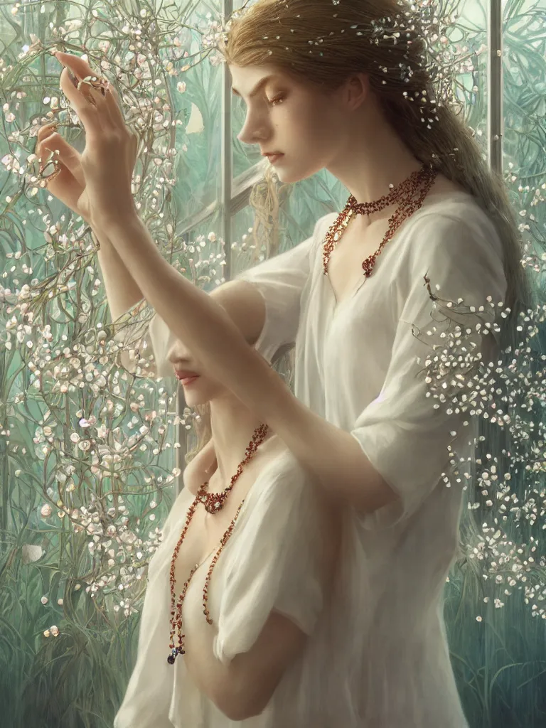 Image similar to a blonde girl in white dress in beautiful window, necklace with a fruit seed ornament, ocean eyes, light freckles, incense smoke and flowers in the background, portrait, mucha, conceptart, medium shot, unreal, octane, symmetrical, photorealism.