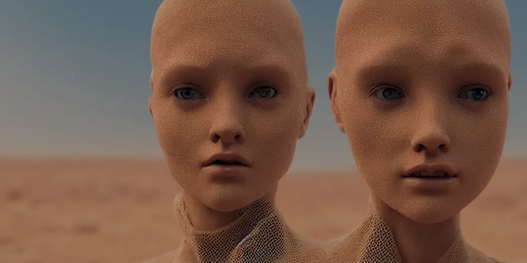 Image similar to realistic humanoid robot, mesh, skin, facial features, close up, desert background, shot by denis villeneuve, blade runner 2049 style, cinematic lighting