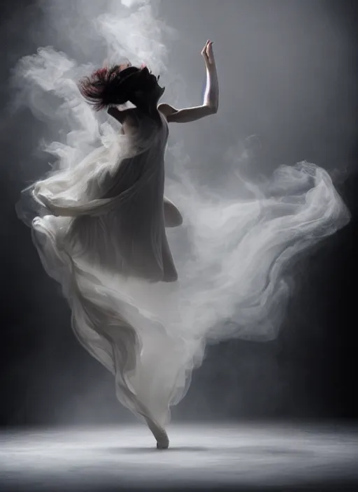 Image similar to a Photorealistic dramatic hyperrealistic render of a beautiful Female smoke dancer by Ken Brower and Deborah Ory of NYC Dance project,Lois Greenfield,Flowing cloth and smoke,Beautiful dynamic dramatic dark moody lighting,volumetric,shadows,cinematic atmosphere,Octane render,8K