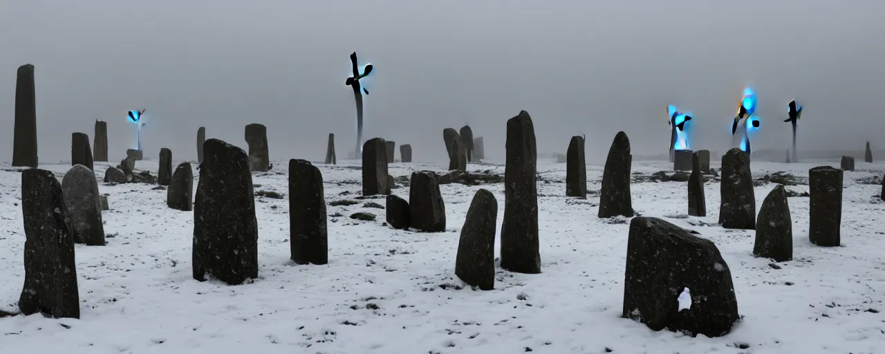 Image similar to wind turbines stand dormant among the neolithic standing stones of stenness, haunting, fog, grainy, snowing, atmospheric clouds, 4k, silhouette figures, windfar