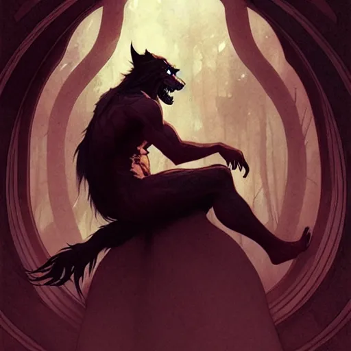 Image similar to a male werewolf, illustration, thriller atmosphere, art by artgerm and greg rutkowski and alphonse mucha