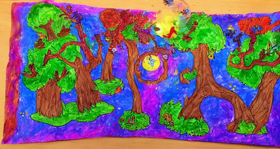 Image similar to Enchanted and magic forest, by a 8 years old kid,