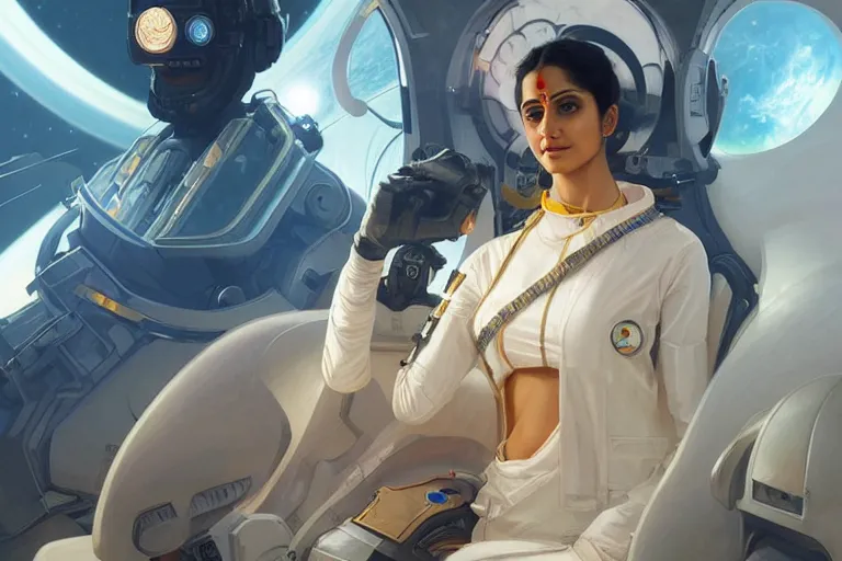 Image similar to Sensual beautiful female Aryan young Indian doctors wearing Deus Ex Human Revolution clothing in a space station above Earth, portrait, elegant, intricate, digital painting, artstation, concept art, smooth, sharp focus, illustration, art by artgerm and greg rutkowski and alphonse mucha