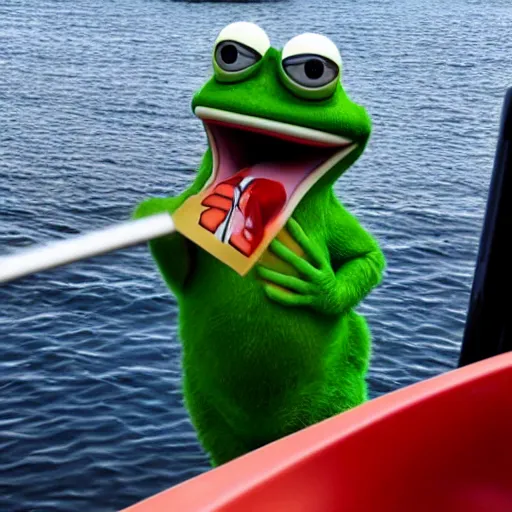 Prompt: pepe the frog, swallowing donald trump, on a boat, photorealistic, professional, photo of the day, photography, professional