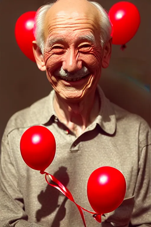 Prompt: portrait of smiling old man with red balloons, intricate and very beautiful and elegant, highly detailed, digital painting, artstation, concept art, smooth and sharp focus, beautiful render, art by tian zi and alphonse mucha and wlop