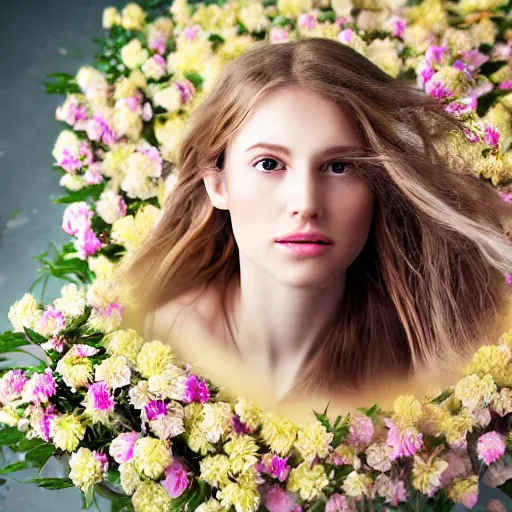 Image similar to photorealistic digital portrait of cute girl model, hair of flowers, in a gold bathtub full of flowers, natural lighting, 5 0 mm still image, artistic, award winning, elegant, by annie leibovitz