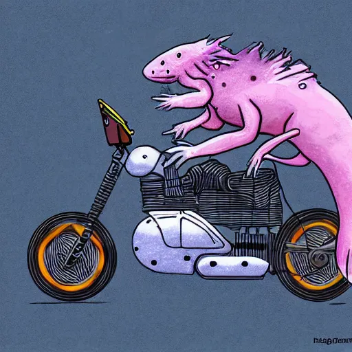 Prompt: axolotl riding a futuristic motorcycle, highly detailed, digital art