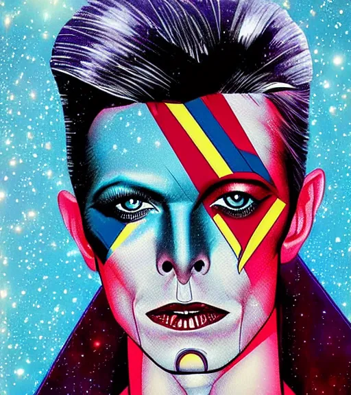 Prompt: portrait of young David Bowie as a space prince, by DC comics and Sandra Chevrier