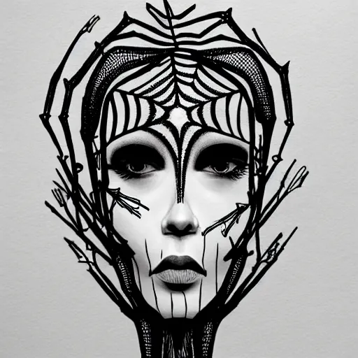 Image similar to black ink on paper, doll head with spider legs, trending on artstation, beautiful, intricate, detailed