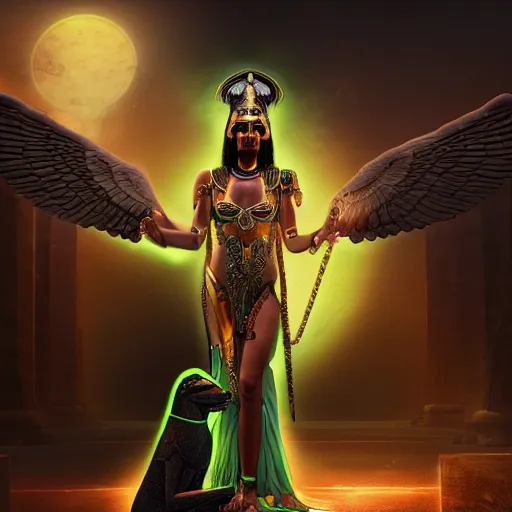 Prompt: photorealitic portrait of goddess isis with god anubis in death, shdows and souls backgroug. digital art high definition, spiritual and awakening regards, 8 k, detailed, octane render, sci - fi, cyberpunk, neon glow, fantasy