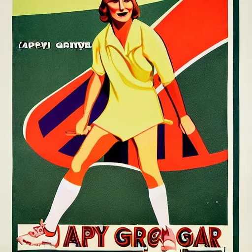 Image similar to a 1 9 2 8 colorful poster. happy, healthy, smiling, sporty, glowing greta garbo in athletic wear.