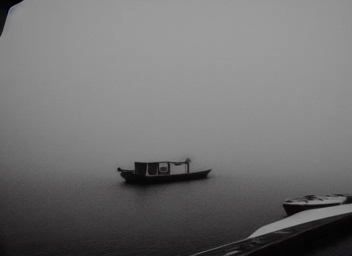 Image similar to boat, mist, lomography photo effect, monochrome, noise grain film