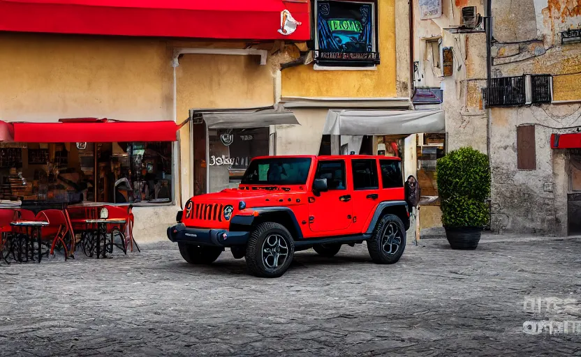 Image similar to Abstract Jeep Wrangler inspired by Italian pizza sauce, in front of a pizza shop in Italy, 4k photography