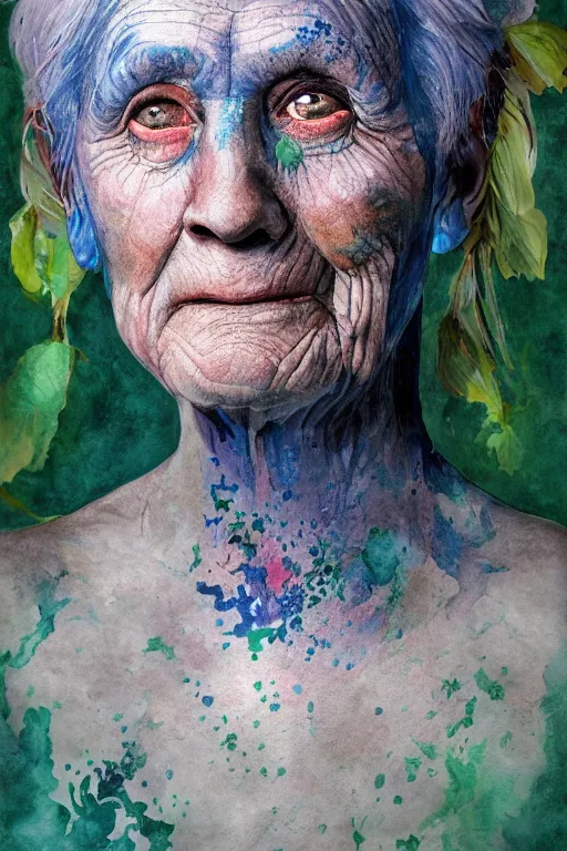 Image similar to portrait of a old person with aquarelle painted skin. close up, very dark blue-green hair, luminous eyes, dark flower pattern wallpaper background, high detail, by Eddie Mendoza
