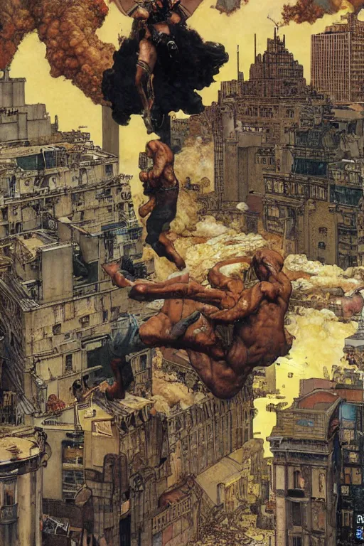 Prompt: titan destroys city, by lawrence alma tadema and rick berry and norman rockwell and jason fabok and everett raymond kinstler