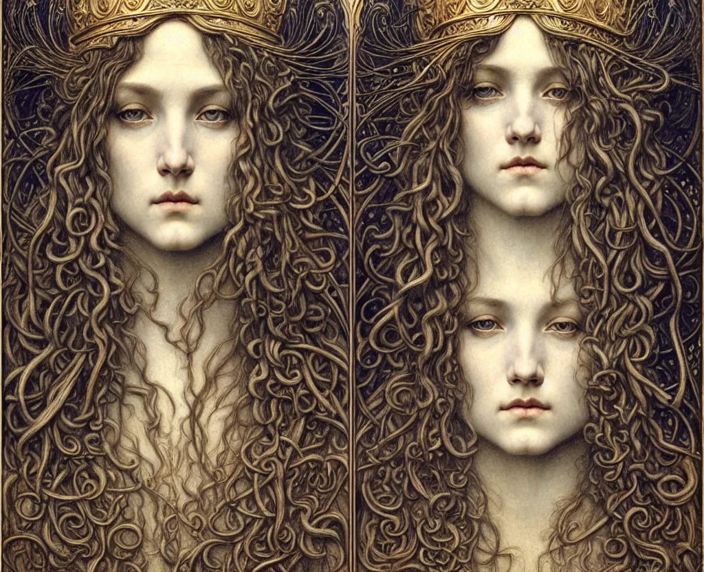 Image similar to detailed realistic beautiful young medieval queen face portrait by jean delville, gustave dore and marco mazzoni, art nouveau, symbolist, visionary, gothic, pre - raphaelite. horizontal symmetry