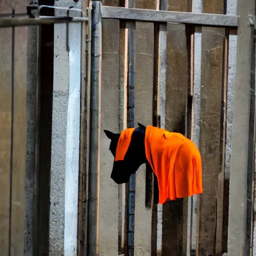 Image similar to horse with orange inmate clothes, in a jail