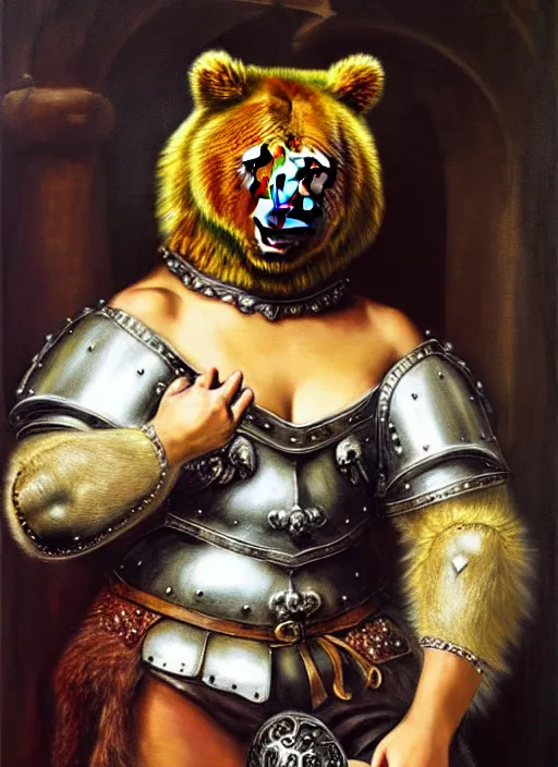 Prompt: blushing, sweating, seductive country bear big al, blonde hair, wearing silver medieval armour, posing seductive, looking seductively, ornate wreath, legs, oil painting by titian, hard focus