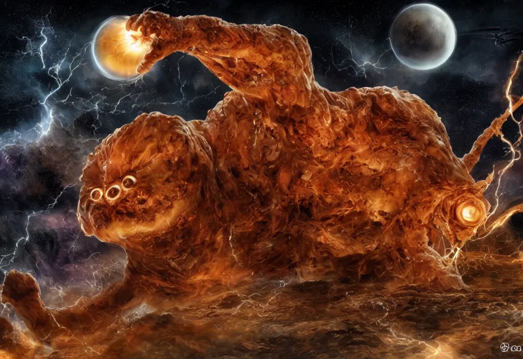 Image similar to eldritch horror bloody garfield in space, hd, 8 k, giant, epic, realistic photo, unreal engine, stars, prophecy, powerful, cinematic lighting, destroyed planet, debris, violent, sinister, ray tracing, dynamic, epic composition, dark, horrific, teeth, grotesque, monochrome drawing, hellscape, death, corpses, foreboding, lightning