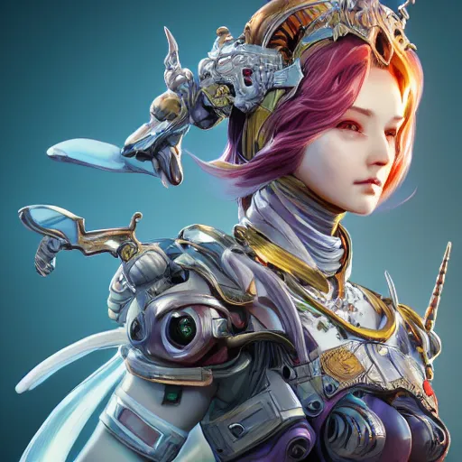 Image similar to studio portrait of lawful good colorful female holy mecha paladin absurdly beautiful, elegant, young sensual graceful woman, ultrafine hyperrealistic detailed face illustration by kim jung gi, irakli nadar, intricate linework, sharp focus, bright colors, matte, octopath traveler, final fantasy, unreal engine highly rendered, global illumination, radiant light, intricate environment