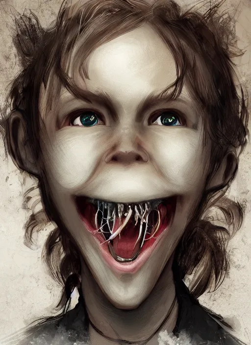 Image similar to portrait of a monsterous child with fangs and wild hair, digital art, trending on artstation