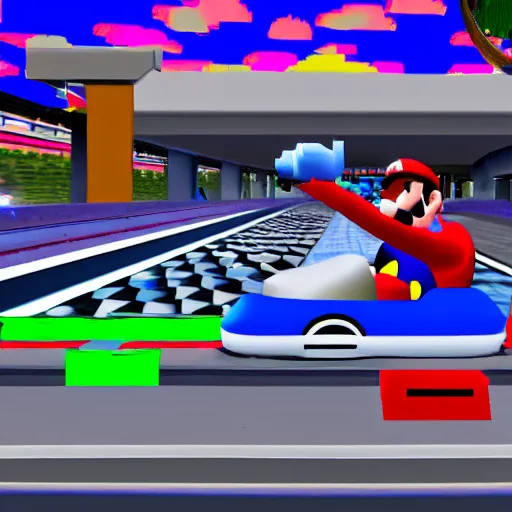 Image similar to video game screenshot of eminem in mario kart